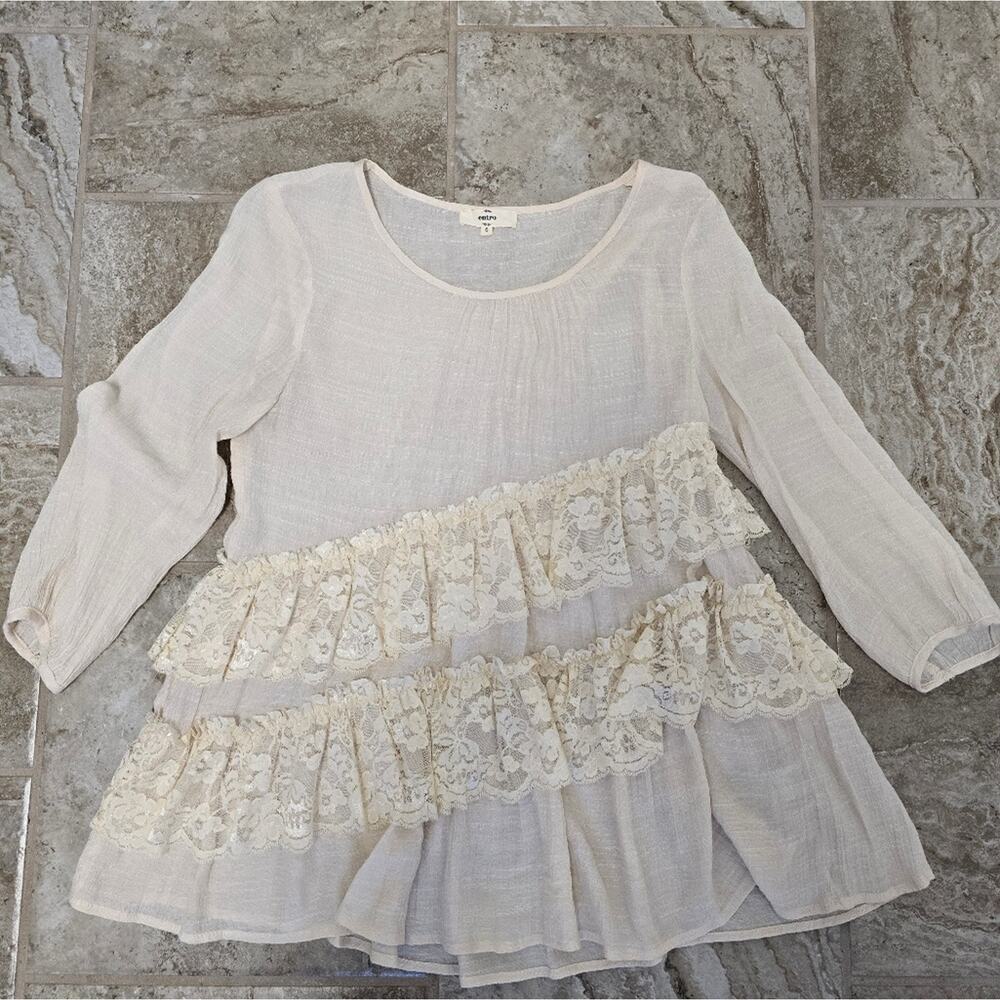 Vintage Boho Gauze Womens top size small, cream colored with tiered lace Romanti - Picture 4 of 13